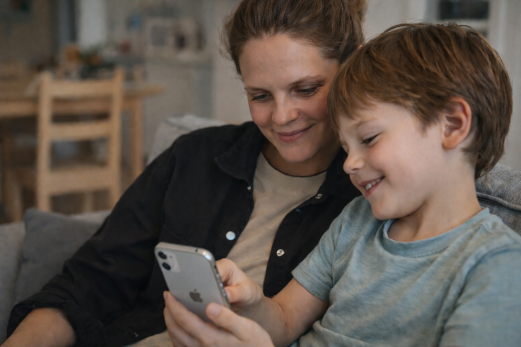Mamma och barn tittar tillsammans på en mobil som barnet håller i.