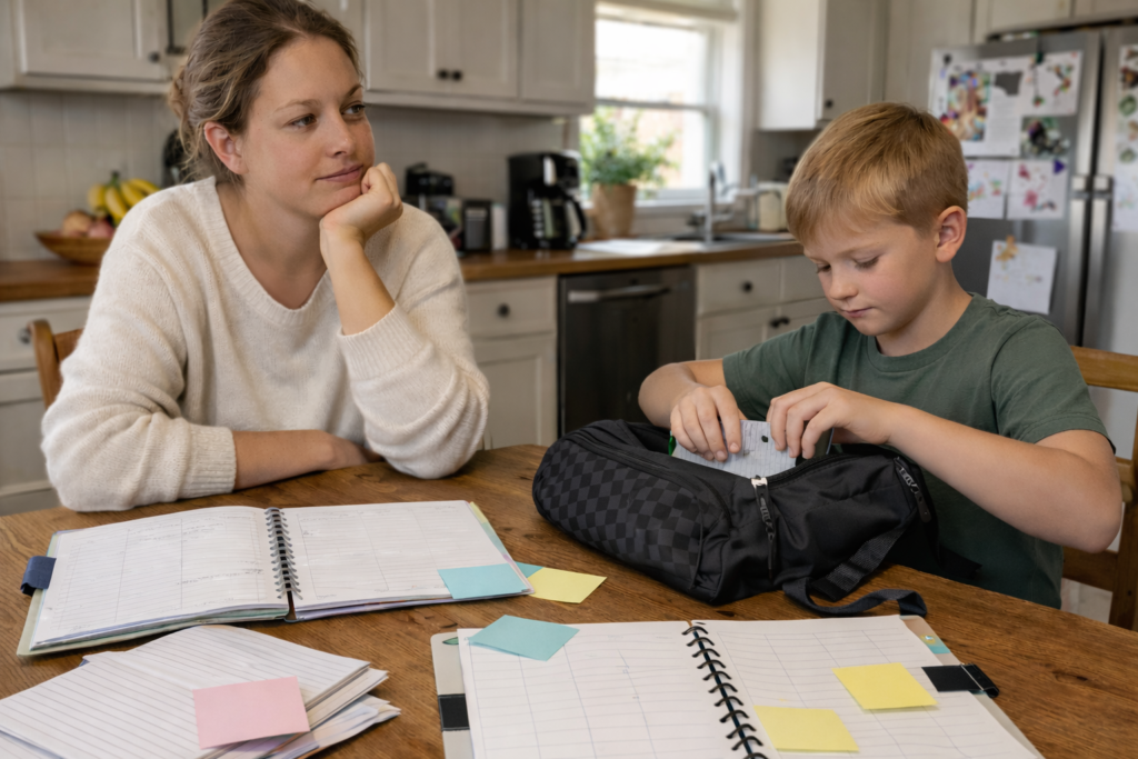 Mamma och pojke sitter och planerar i köket med schema och skolväska liggandes på bordet.