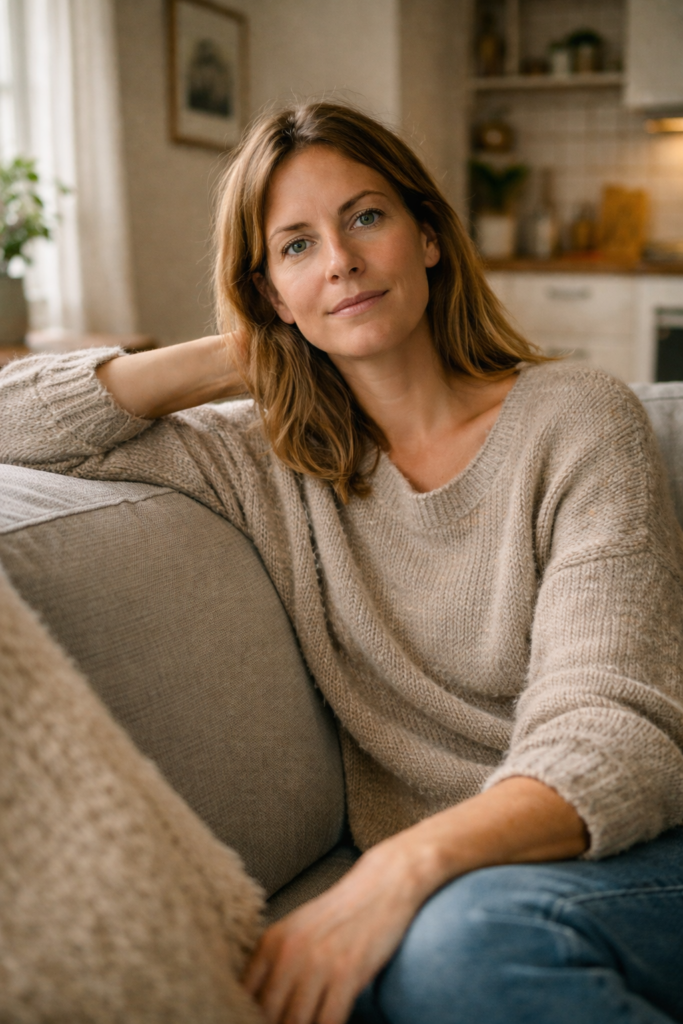 Mamma med kort brunt hår och beige stickad tröja sitter i en soffa